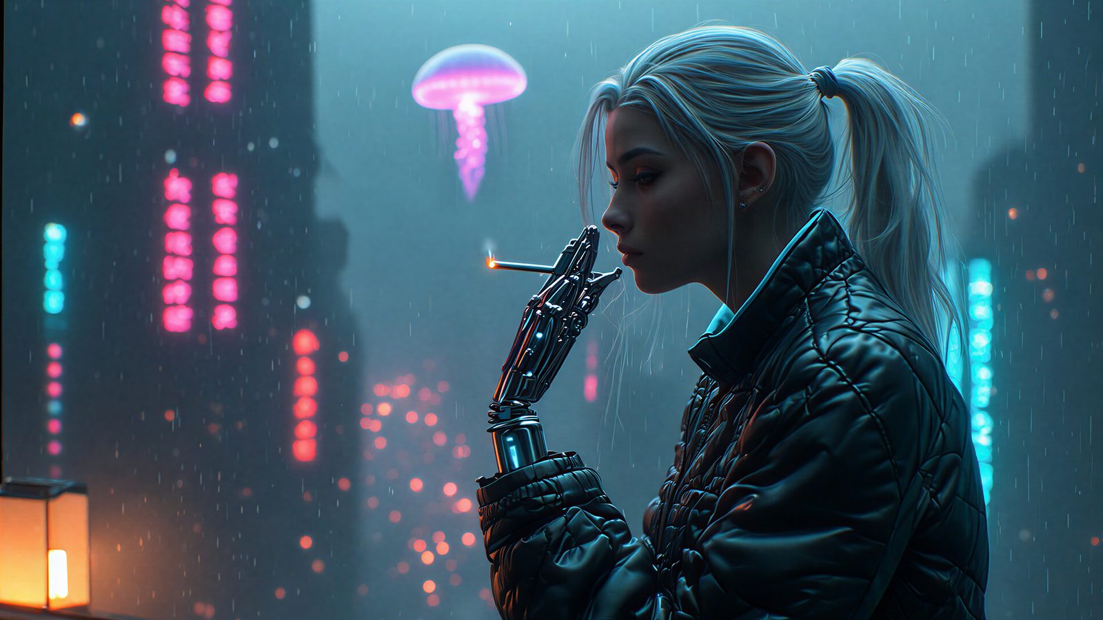 A woman in a quilted jacket on a high balcony in neon rain over a megacity, a jellyfish hologram drifting above